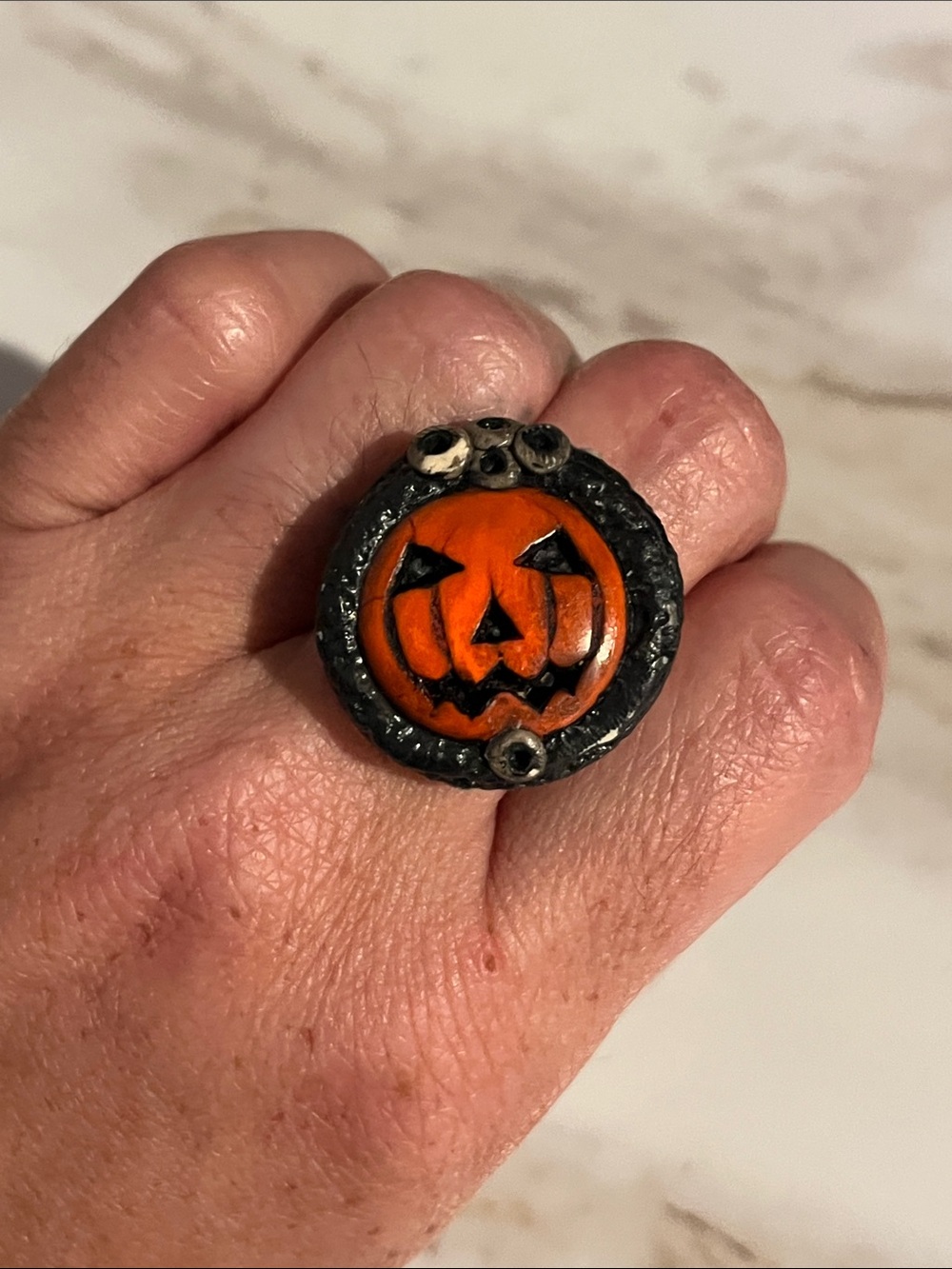 OOAK Orange Pumpkin Jack-O'-Lantern Artisan Clay Ring